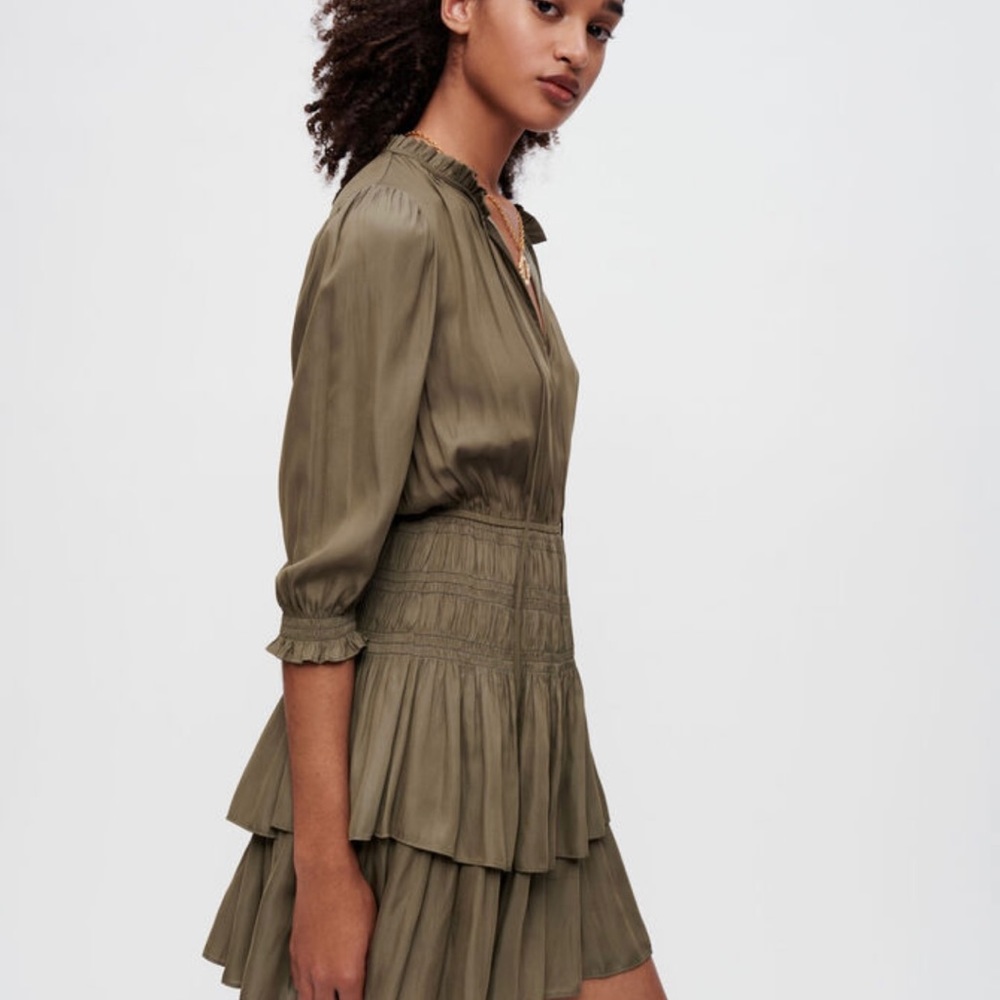Maje Satin Dress with Smocking and Ruffles